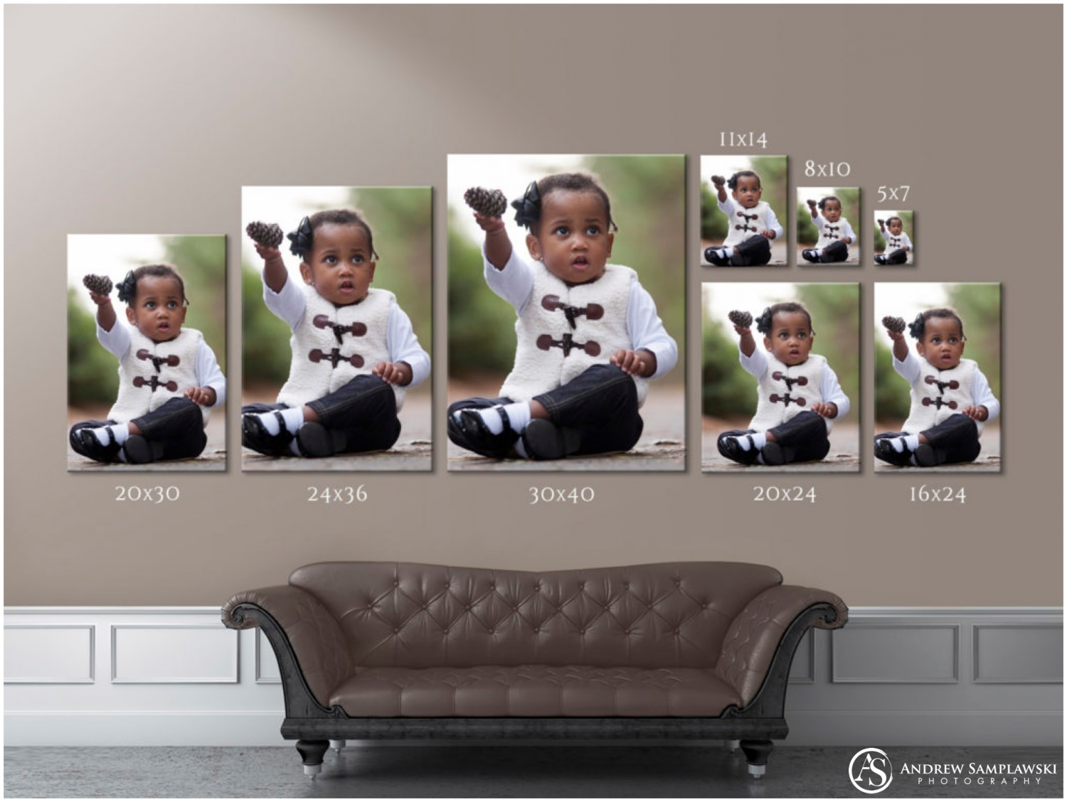 metadata: Wedding and family photographer, Andrew Samplawski, shares tips on the appropriate sizes for wall art and collages when using portraits in home décor.